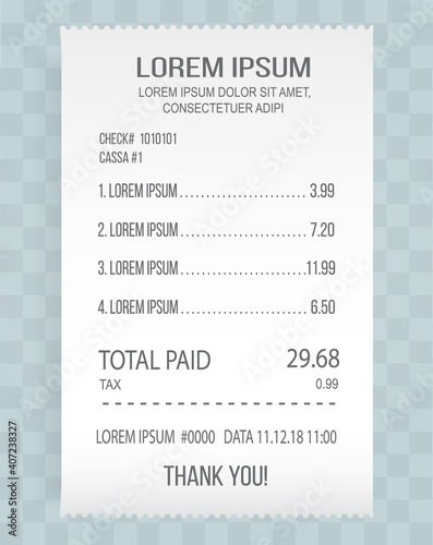Payment check paper document. Buying financial invoice bill purchasing calculate pay vector isolated. Receipt the seller forms at the online checkout for transfer to the buyer or client, paper piece