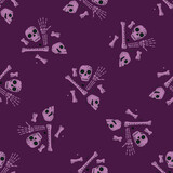 Doodle seamless pattern with simple cartoon skull and bones silhouettes. Purple background. Scary print.