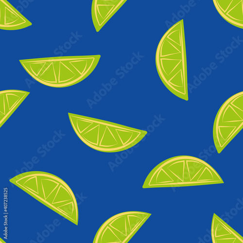 Citrus fruit halves vector seamless pattern background. Lime slices on cobalt blue backdrop. Hand drawn geometric illustration with offset colour. Tropical repeat for drink ingredient or food concept