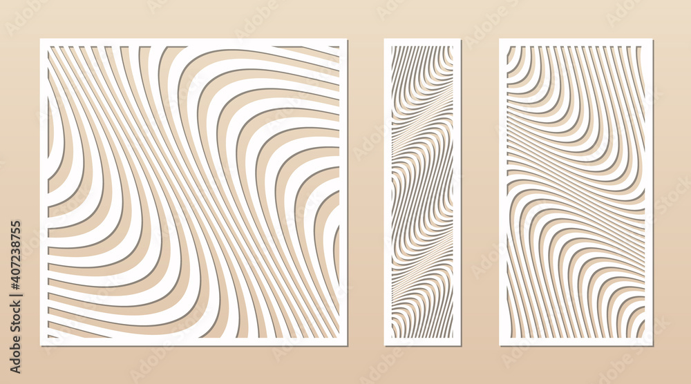 Laser cut patterns. Vector design with abstract geometric ornament, waves, curved lines, stripes. Template for cnc cutting, decorative panels of wood, metal, plastic, paper. Aspect ratio 1:1, 1:4, 1:2