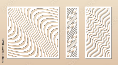 Laser cut patterns. Vector design with abstract geometric ornament, waves, curved lines, stripes. Template for cnc cutting, decorative panels of wood, metal, plastic, paper. Aspect ratio 1:1, 1:4, 1:2