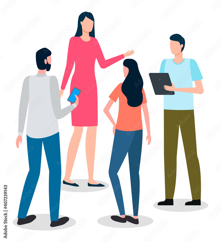 Fototapeta premium Business meeting, communicating colleagues, standing group of businesspeople, guy with digital tablet discuss project or startup with businesspeople, teamwork, executive office workers conversation