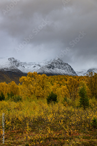 Valley of Kåfjorddalen with snow mountains