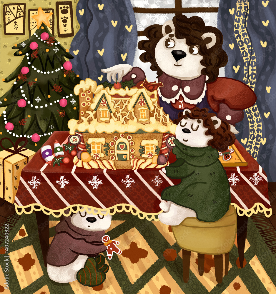 Christmas illustration of a cute family of bears decorating a Christmas tree and preparing a tasty spicy house. Christmas illustration of a cute family of bears decorating a Christmas tree and preparing a tasty spicy house.