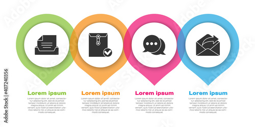Set Drawer with document, Envelope and check mark, Speech bubble chat and Outgoing mail. Business infographic template. Vector.