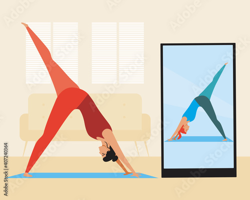 Online yoga lesson, woman in asana, flat vector stock illustration Mobile phone, smartphone screen with internet activity