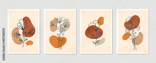 Botanical wall art vector set. Minimal and natural wall art. Boho foliage line art drawing with abstract shape. Abstract Plant Art design for print, wallpaper, cover. Modern vector illustration.
