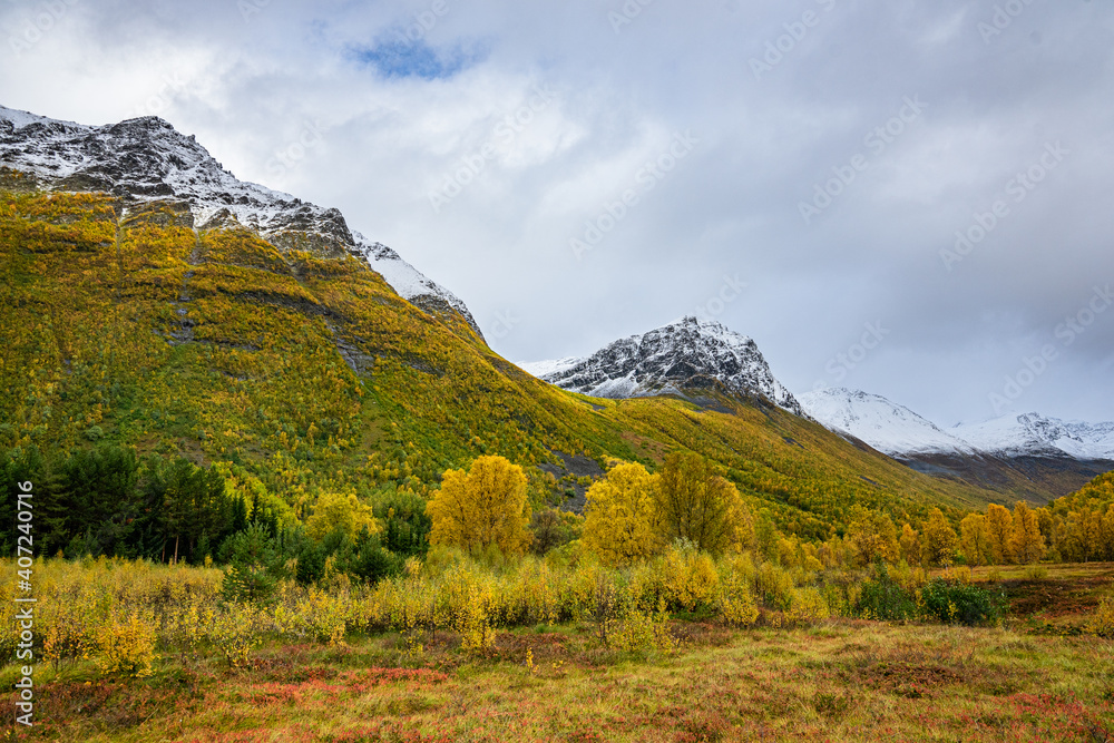 Valley of Kåfjorddalen with snow mountains