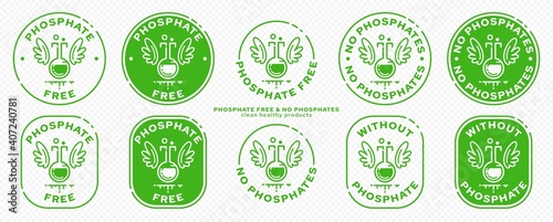 Conceptual marks for product packaging. Labeling - phosphate free. A brand with an icon of a chemical flask with wings and a line of an ingredient is a symbol of liberated, free. Vector