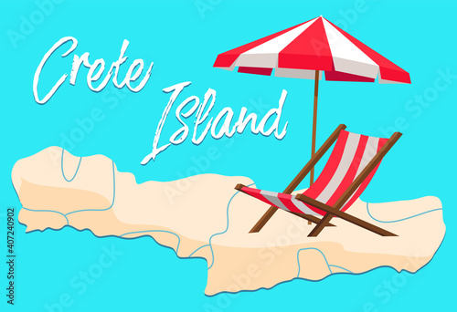 Crete island invitation card vector illustration. Beachfront with parasol and sun lounger. Landscape of greece territory with items for recreation at sea. A place for a weekend on the beach