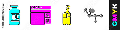 Set Medicine bottle and pills, Buying drugs online, Bong for smoking marijuana and Cannabis molecule icon. Vector.