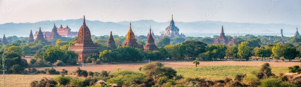 Panoramic view of historic temples in Old Bagan, Mandalay Region, Myanmar Panoramic view of historic temples in Old Bagan, Mandalay Region, Myanmar