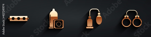 Set Silicone ball gag with belt, Condom, Penis pump and Sexy fluffy handcuffs icon with long shadow. Vector.