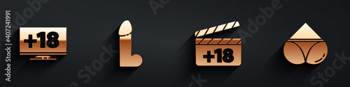 Set Monitor with 18 plus content, Dildo vibrator, Movie clapper with 18 plus content and Woman panties icon with long shadow. Vector.