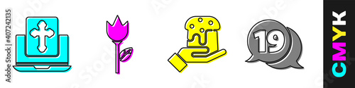 Set Cross on the laptop screen, Flower tulip, Human hand and easter cake and Speech bubble with happy easter icon. Vector.