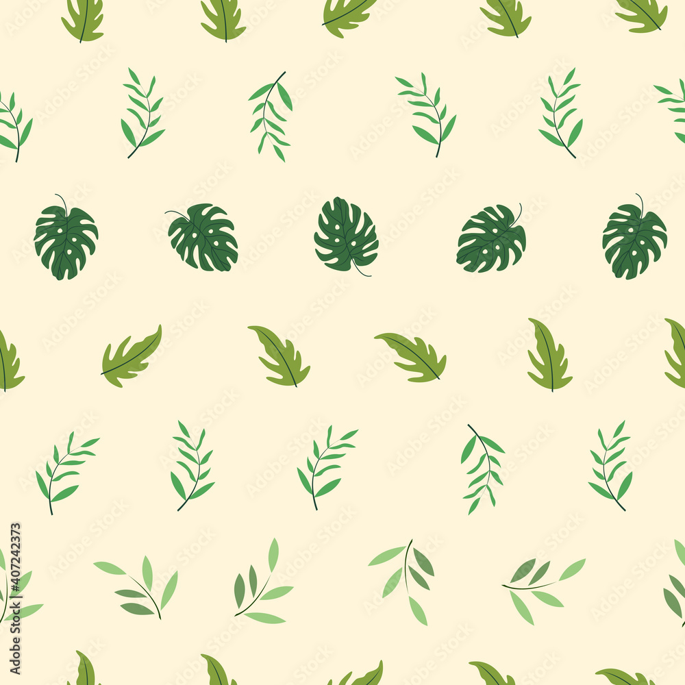 Vector tropical leaves seamless repeat pattern design background. Perfect for modern wallpaper, fabric, home decor, and wrapping projects.