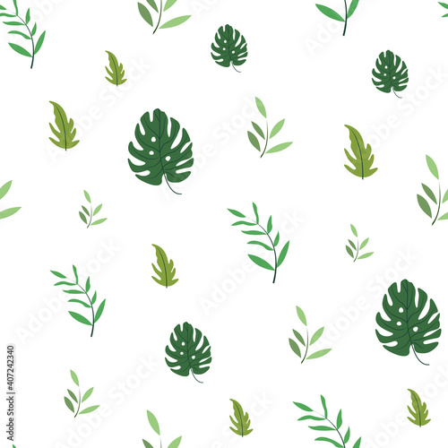 Vector tropical leaves seamless repeat pattern design background. Perfect for modern wallpaper, fabric, home decor, and wrapping projects. © Dorido