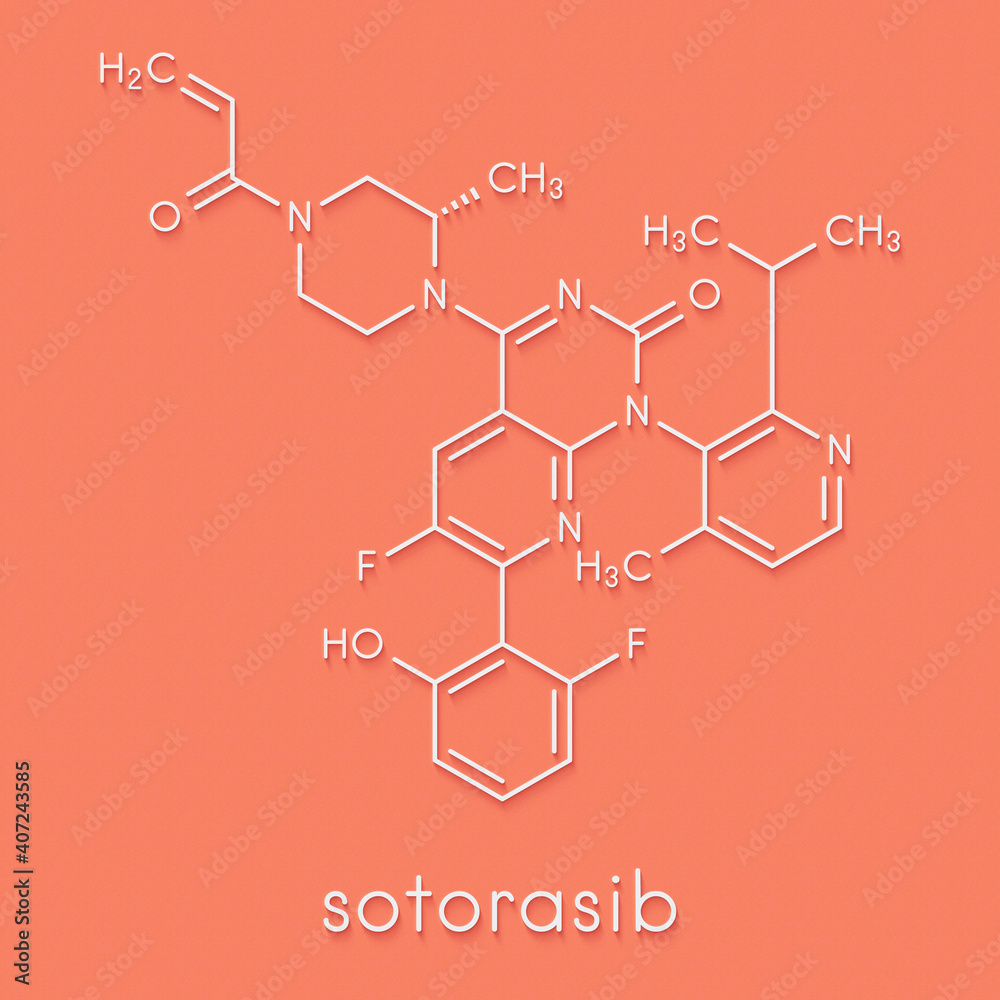 Sotorasib cancer drug molecule. Skeletal formula. Sotorasib cancer drug molecule. Skeletal formula.