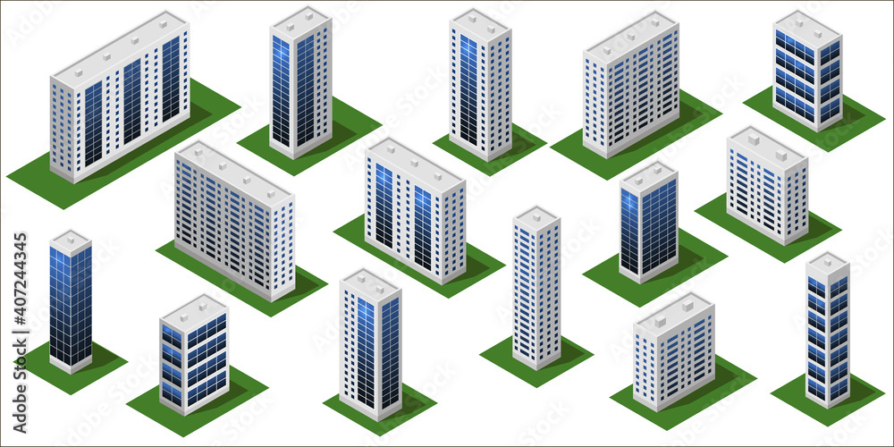 3d Modern city buildings. Isometric city modules isolated with big houses, office buildings, skyscrapers. Set for urban landscape constructor and metropolis scenen. Vector illustration 3d Modern city buildings. Isometric city modules isolated with big houses, office buildings, skyscrapers. Set for urban landscape constructor and metropolis scenen. Vector illustration