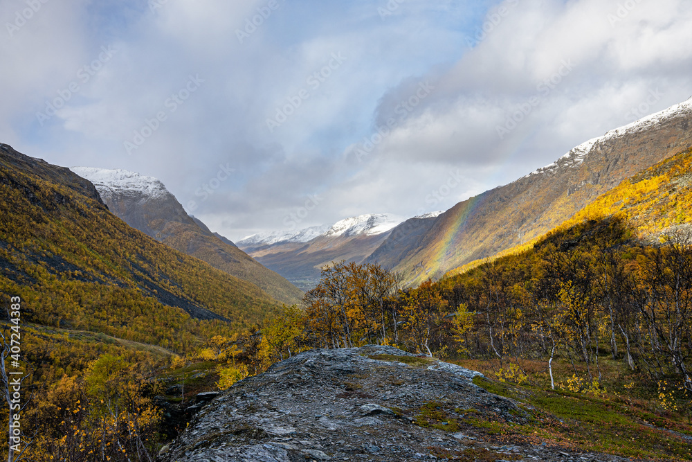 Fototapeta premium Light rainbow over a valley with dwarf birches