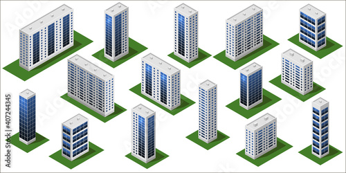 3d Modern city buildings. Isometric city modules isolated with big houses, office buildings, skyscrapers. Set for urban landscape constructor and metropolis scenen. Vector illustration