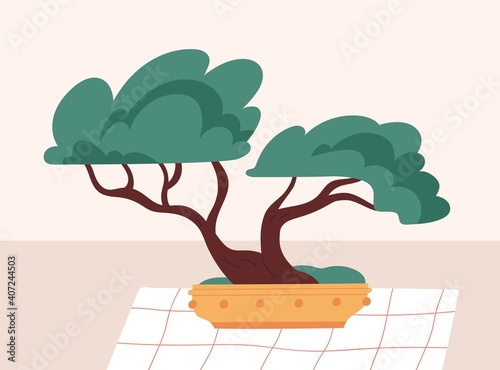 Bonsai dwarf tree with miniature crown and trunk. Japanese potted plant. Traditional chinese botanical art. Colored flat vector illustration