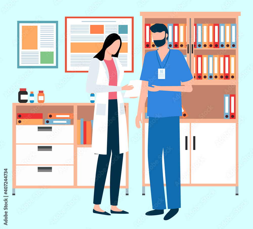 Man doctor and woman nurse stand with patient card. Medical staff representatives in uniform study, discuss examination result, make note. Colleagues spend time and communicate in the hospital Man doctor and woman nurse stand with patient card. Medical staff representatives in uniform study, discuss examination result, make note. Colleagues spend time and communicate in the hospital