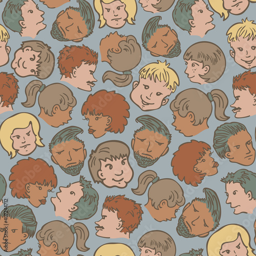 Vector seamless pattern with faces of different people with variety of emotions. Diverse cartoon characters faces.