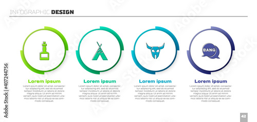 Set Tabasco sauce, Indian teepee or wigwam, Buffalo skull and Bang boom, gun Comic. Business infographic template. Vector.