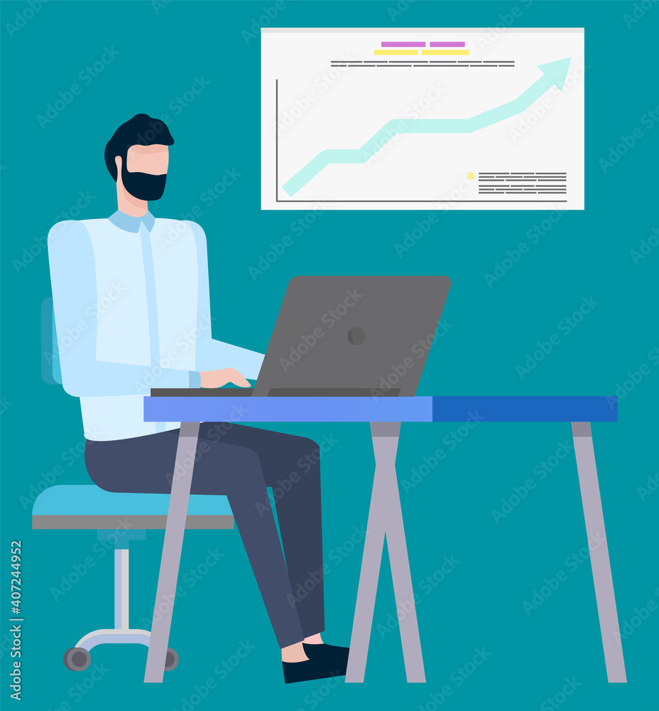 Programer with laptop working on new project vector, businessman with computer and infocharts. Infographics on board, growing dynamics of business Programer with laptop working on new project vector, businessman with computer and infocharts. Infographics on board, growing dynamics of business