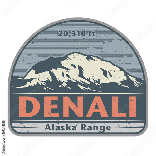 Stiker or label with Denali (also known as Mount McKinley) mountain peak