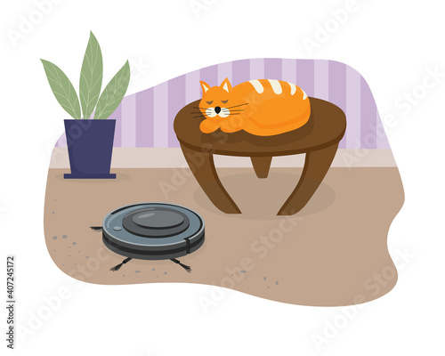 Silent smart robot vacuum cleaner. The cat sleeps serenely on the table to the sound of the vacuum cleaner cleaning. Modern intelligent household appliances for cleaning the apartment. Flat vector.