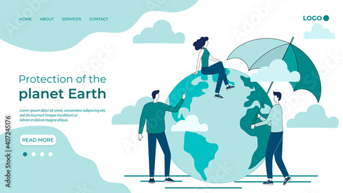 Protection of the planet Earth.People are protesting against the destruction of the ozone layer.Environmental protection against greenhouse gas emissions..The template of the landing page.
