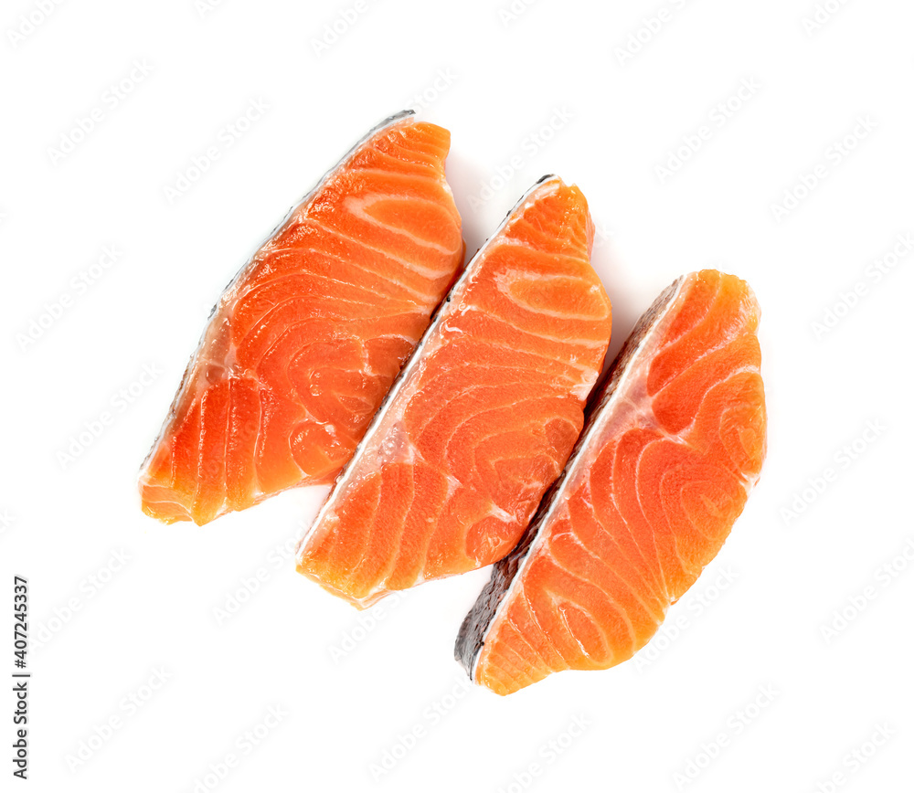 Piece of fresh salmon fillet sliced isolated on white background