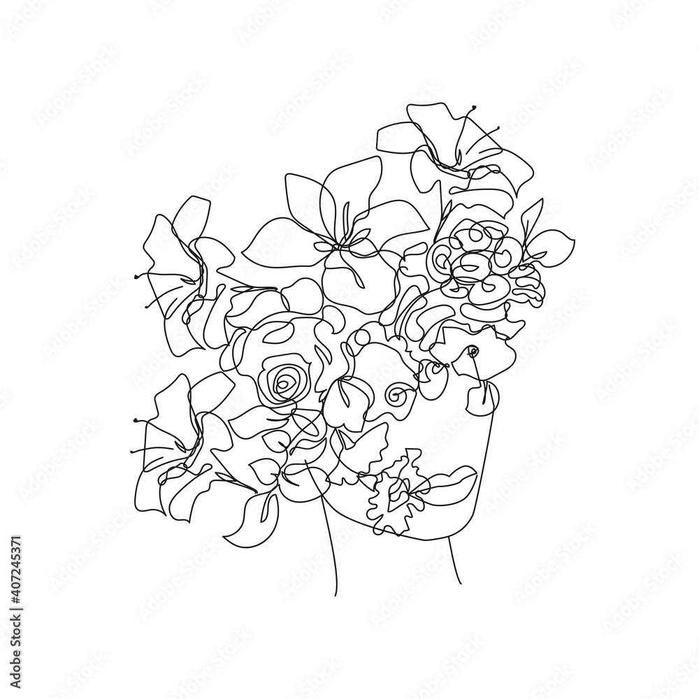 Woman Head with Flowers One Line Art Drawing. Continuous Line Woman Face and Flowers. Abstract Contemporary Design Template for Covers, t-Shirt Print, Postcard, Banner etc. Vector EPS 10.