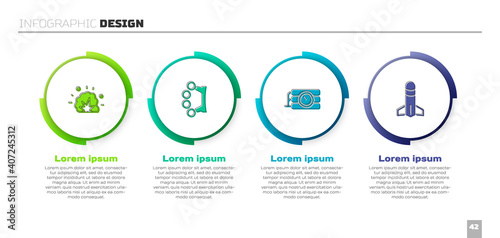 Set Bomb explosion, Brass knuckles, Dynamite and timer clock and Rocket. Business infographic template. Vector.