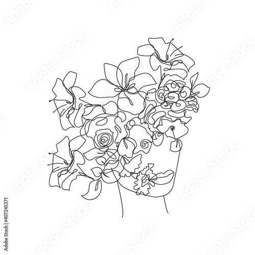 Woman Head with Flowers One Line Art Drawing. Continuous Line Woman Face and Flowers. Abstract Contemporary Design Template for Covers  t-Shirt Print  Postcard  Banner etc. Vector EPS 10.