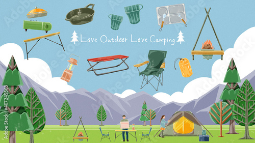 キャンプ場の風景とキャンプ道具のイラスト