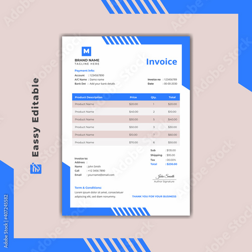 Business invoice form template. money bill invoices and payment agreement design template. bill graphic or payment receipt page vector with blue Accents
