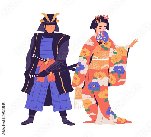 Couple of geisha and samurai standing isolated on white background. Japanese ...