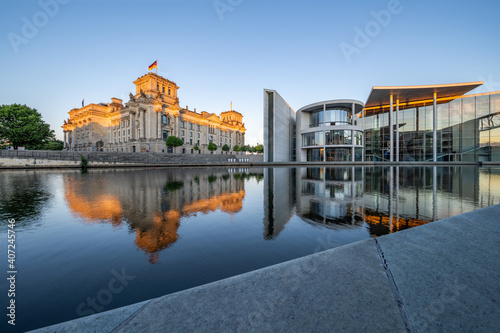 Reichstag Building and Paul-Löbe-Haus along the Spree River, Berlin, Germany	 photo