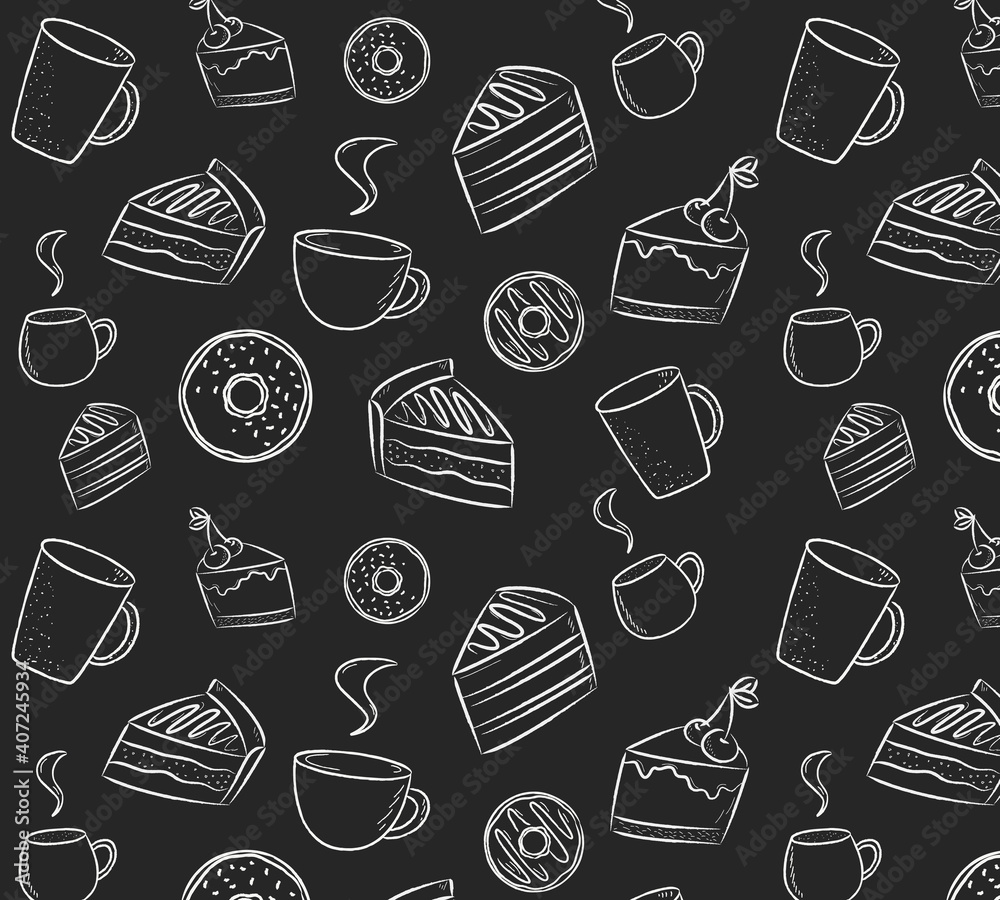Vector illustration of sweets coffee desserts seamless pattern. Chalk on a blackboard
