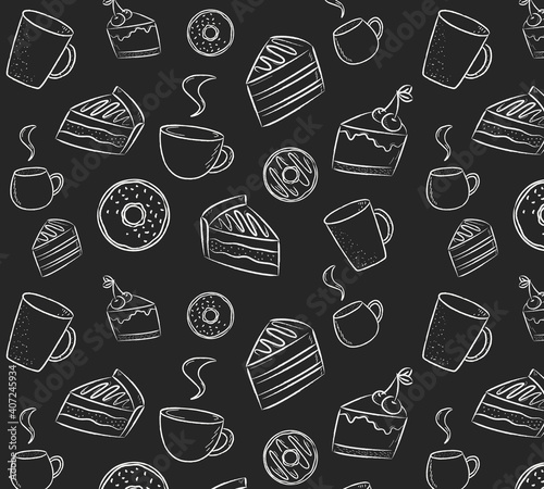 Vector illustration of sweets coffee desserts seamless pattern. Chalk on a blackboard
