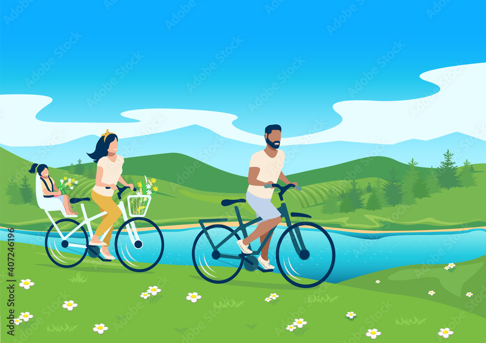 Happy family goes for a drive on bicycles in the country. Family time. Family day background vector illustration. Happy family goes for a drive on bicycles in the country. Family time. Family day background vector illustration.