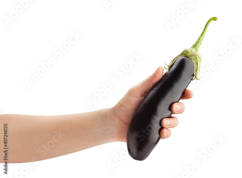 eggplant in hand path isolated on white