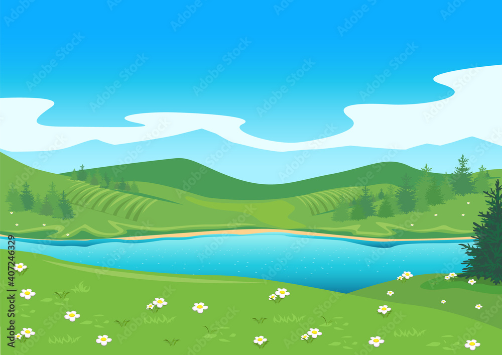 Summer landscape with mountains and lake. Travel and outdoor recreation. Background vector illustration of nature.