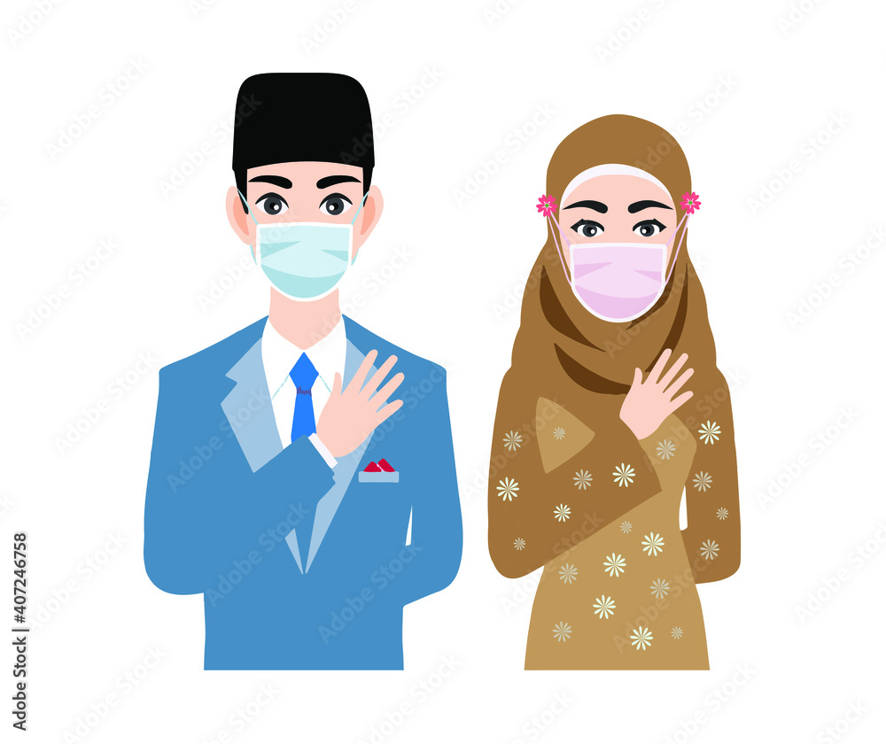 Muslim man and woman wearing face mask for preventing corona virus outbreak.Hand on chest.Safety protocol to avoid the spread of coronavirus. Muslim man and woman wearing face mask for preventing corona virus outbreak.Hand on chest.Safety protocol to avoid the spread of coronavirus.