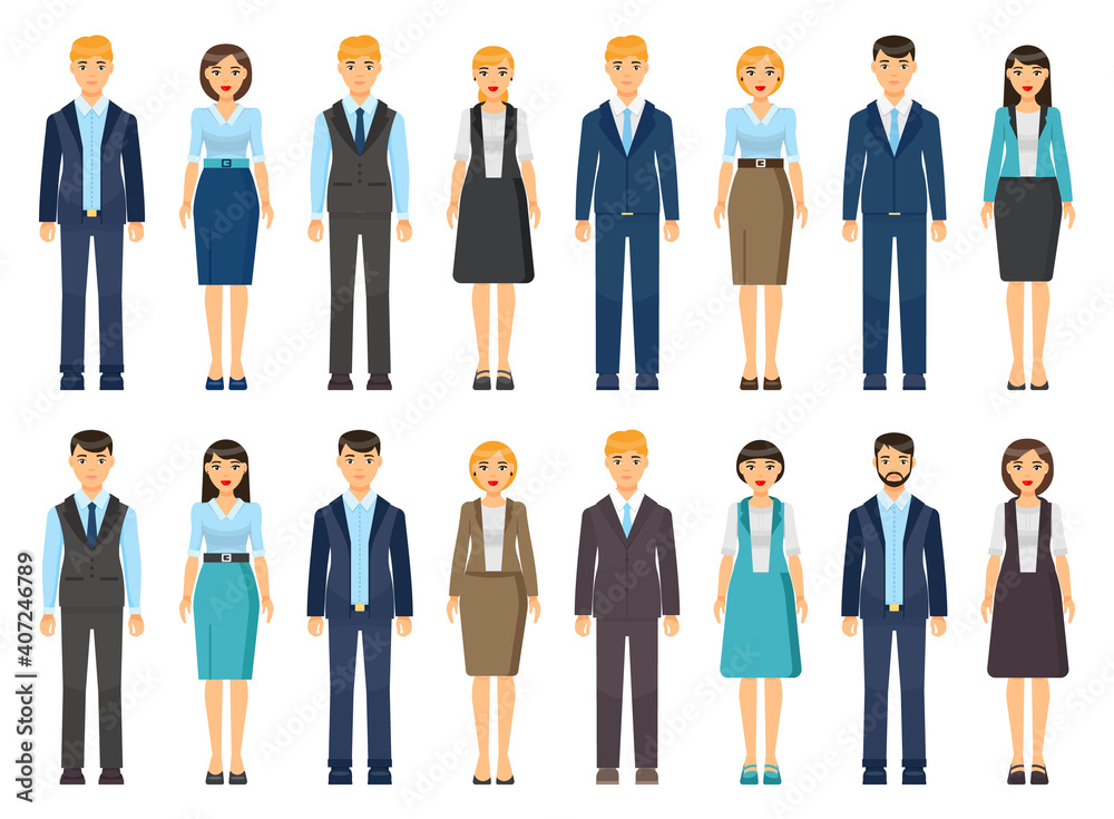 Collection of vector cartoon characters. Businesswomen and businessmen with different style office cloth, haircuts. Set of businesspeople wearing office suit, accessories. Dresscode of business person