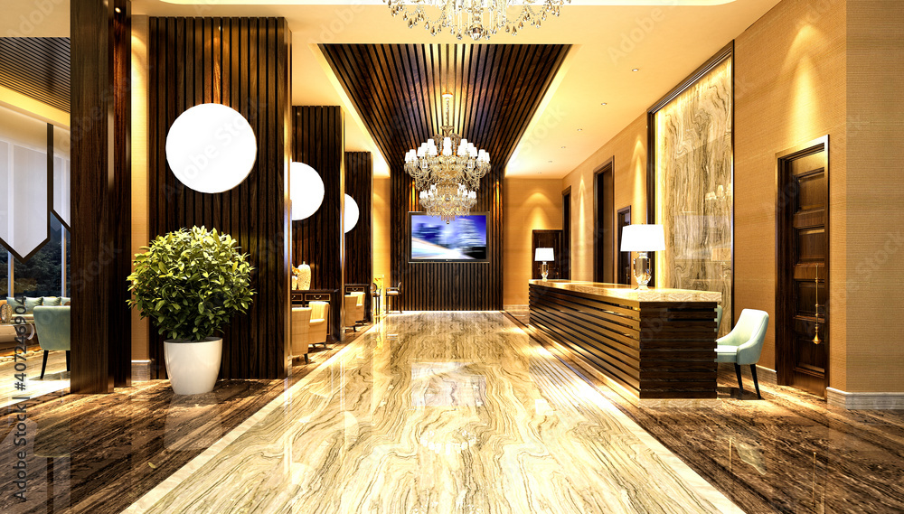 3d render of luxury hotel reception, entrance hall and lobby Stock