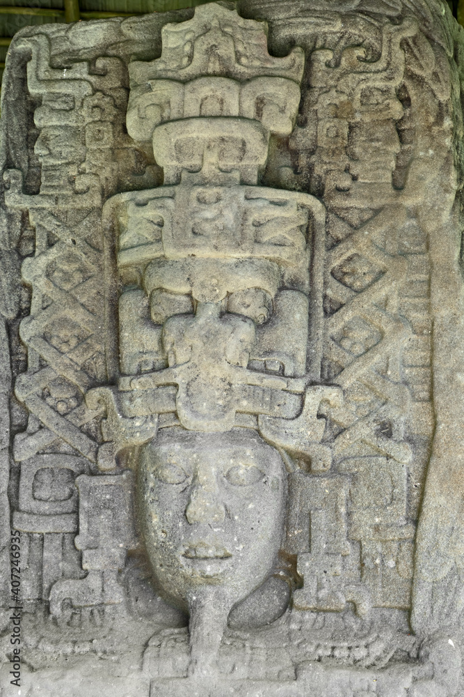 Quirigua, Guatemala, Central America: stela of maya ruler in Quirigua. Quirigua is an ancient Maya archaeological site in the department of Izabal in south-eastern Guatemala